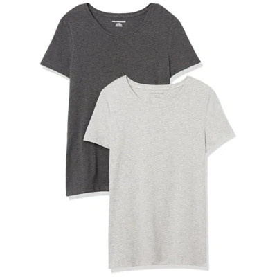 Afbeelding van Amazon Essentials Women&#039;s T shirt met korte mouwen en ronde hals in klassieke pasvorm, Pack of 2, Houtskoolzwart/Lichtgrijs, XS