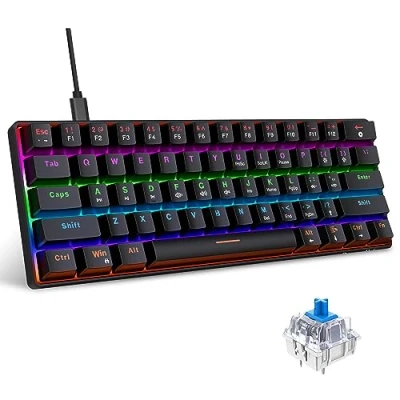 Afbeelding van Snpurdiri Bedraad mechanisch gamingtoetsenbord, 60% grootte, 61 toetsen, RGB achtergrondverlichting, ultracompact, blauwe twee pootjes, zwart