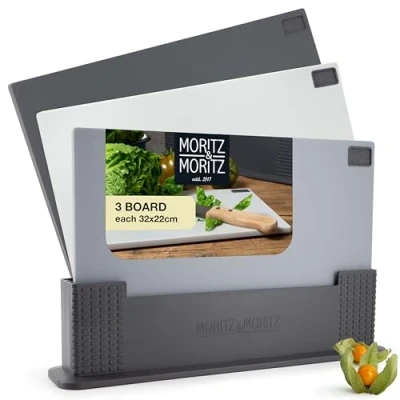 Afbeelding van Moritz &amp; snijplank, set van 3 stuks, kunststof met standaard, zwart en grijs, grote keukenplank, vaatwasmachinebestendig, 32 x 22 cm