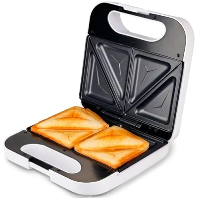 Afbeelding van Grunkel Tosti broodrooster met grill voor 2 sandwiches snijkant, antislip oppervlak antiaanbaklaag, 750 W vermogen en koel gevoel (witte vierkante rand)