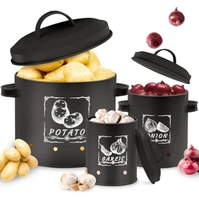 Afbeelding van Gigmeta 3 stuks aardappelopbergdoos, veelzijdige aardappelpannenset met ventilatiesysteem, houdt groenten langer vers, ideaal voor het bewaren van uien en aardappelen (zwart)