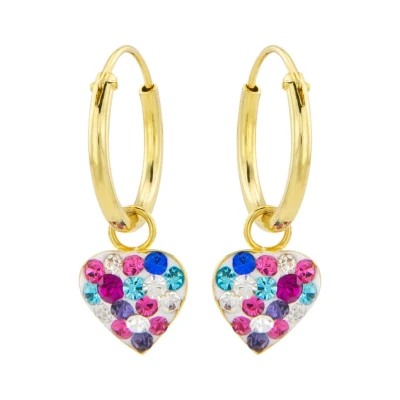 Afbeelding van Oorbellen 925 zilver oorringen met hanger Gold plated hanger, hart gekleurde kristallen