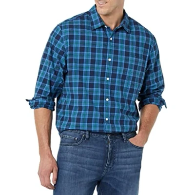 Afbeelding van Amazon Essentials Regular Fit Stretch Poplin overhemd met lange mouwen, indigo marineblauw geruit, XX Large