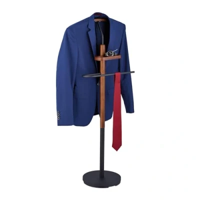 Afbeelding van Relaxdays dressboy, met bakje, voor colbert &amp; broeken, HBD: ca. 116x47x28 cm, MDF staal, kledingstandaard, zwart/bruin
