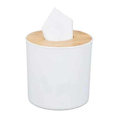 Afbeelding van Relaxdays tissuedoos bamboe kunststof tissuehouder met deksel tissuebox rond modern