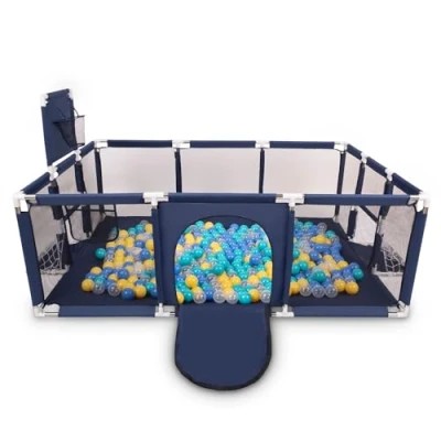 Afbeelding van Selonis Grote Speeltuin Met Plastic 400 Ballen Babybox, Marineblauw:Turkoois/Blauw/Geel/Transparant