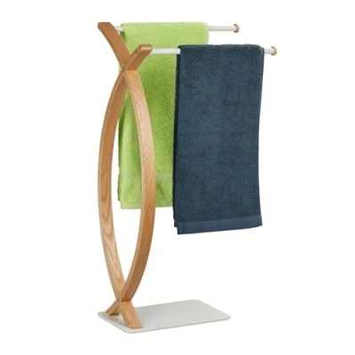 Afbeelding van Relaxdays staand handdoekenrek 2 armen gebogen handdoekhouder staal &amp; mdf badkamer