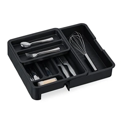 Afbeelding van Relaxdays bestekbak uitschuifbaar, HxBxD: 6,5 x 23,5 40 31,5 cm, 7 vakken, keuken, bestek organizer kunststof, zwart
