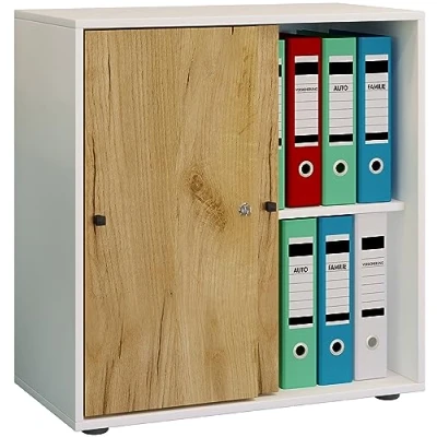 Afbeelding van VCM Lona Houten bureaukast ordner, archiefkast, kantoormeubel, kast, Lona, 2 voudige schuifdeuren, wit/honingeiken
