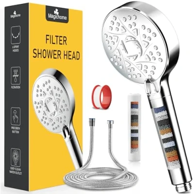 Afbeelding van Magichome Hogedruk douchekop met 18 traps filtratie, waterbesparende slang van 2 m en 6 straalsoorten, universele handdouche, onthardt hard water extra verwisselbare accessoires