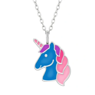 Afbeelding van Zilveren ketting meisjes Eenhoorn ketting, blauw eenhoornhoofd met roze manen