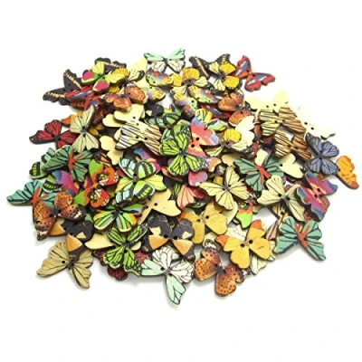 Afbeelding van NAMVO 100 stuks vlinderknopen, 2 gaten, kleurrijk hout voor doe het zelf, naaien van scrapbooking vaardigheden
