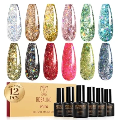 Afbeelding van ROSALIND uv nagellak, glitter, 12 kleuren, zilver, bruin, goud, roze, groen, blauw, rood, gelnagelset, soak off mini kleurgel, gelnagels voor nageldesign, gel, manicure