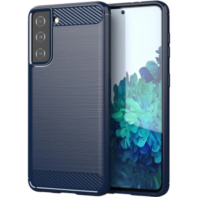 Afbeelding van Cadorabo Hoesje geschikt voor Samsung Galaxy S21 PLUS in BRUSHED BLAUW Beschermhoes van flexibel TPU siliconen roestvrij staal carbonvezel look Case Cover