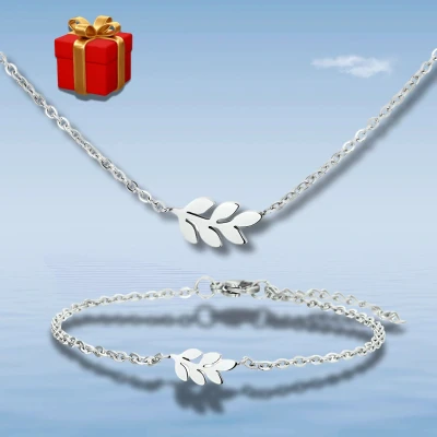 Afbeelding van Geschenkset armband en collier Blad vorm staal (armband) lengte verstelbaar 16 19 cm 45