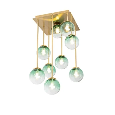 Afbeelding van QAZQA Art Deco plafondlamp goud met groen glas 9 lichts Athens