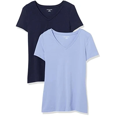 Afbeelding van Amazon Essentials Women&#039;s T shirt met korte mouwen en V hals in klassieke pasvorm, Pack of 2, Marineblauw/Paars, M