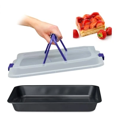 Afbeelding van Relaxdays bakvorm met deksel, transport van cake, 3 in 1, BxD: 40 x 32,5 cm, cakevorm, transportbox, zwart/blauw
