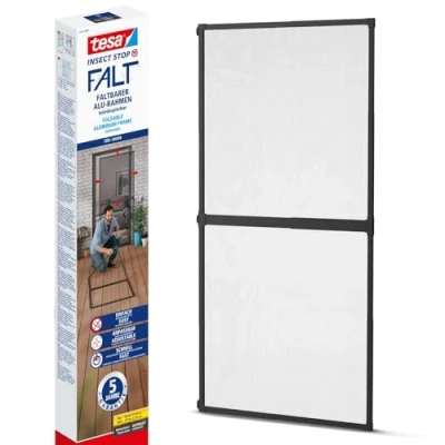 Afbeelding van tesa Insect Stop vouwdeur opvouwbaar aluminium frame met vliegengaas voor deuren verstelbaar telescopisch antraciet 80 cm x 170 tot 100 220