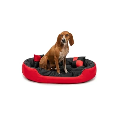 Afbeelding van lionto Hondenbed 4 in 1 met omkeerbaar kussen van robuust Oxford, (M) 85x70 cm, huisdierenkussen krasbestendig diepe instap voor katten en honden alle groottes, waterafstotend Rood/Zwart