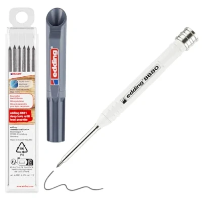 Afbeelding van edding 8880 deep hole markeerpotlood / timmermanspotlood bouwpotlood + navulling 6x grafietlood starter set aluminium behuizing voor bijna alle ondergronden geschikt boorgaten ideaal timmermannen, bouwvakkers en andere vaklieden