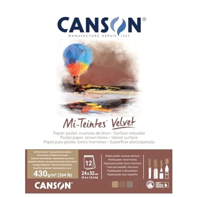Afbeelding van CANSON Mi Teintes Velvet pastelpapier, fluweelachtig oppervlak, 430 g/m², blok op de korte zijde, 24 x 32 cm, 3 bruintinten, 12 vellen