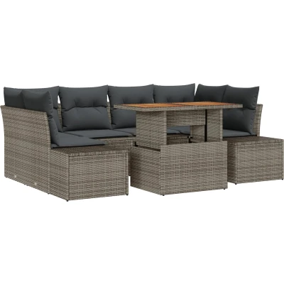 Afbeelding van vidaXL 7 delige tuin eetset met kussens grijs poly rattan acacia