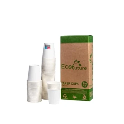 Afbeelding van 100 papieren bekers van 200 ml wit, biologisch afbreekbaar en composteerbaar, voor warme koude dranken, water, kruidenthee, verjaardagsfeesten, cocktails, koffie, witte