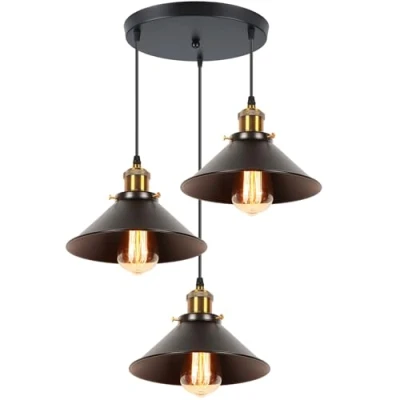 Afbeelding van iDEGU Retro 3 lampen, hanglamp, vintage industriële kroonluchter, metaal, E27, plafondlamp, lampenkap, design, Edison, verstelbare kabel, Ø 22 cm, zwart