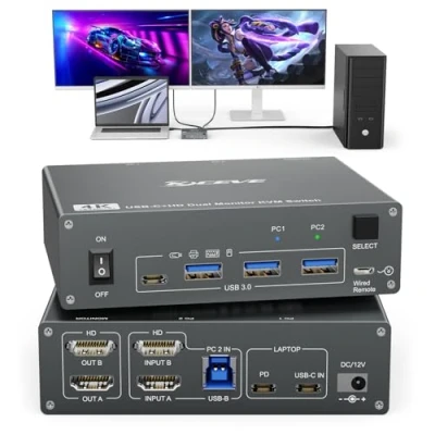 Afbeelding van KVM Switch 2 PC monitoren USB C HDMI, dual monitor 3.0 type schakelaar ondersteunt 4K @60Hz voor computers die toetsenbord, muis en delen