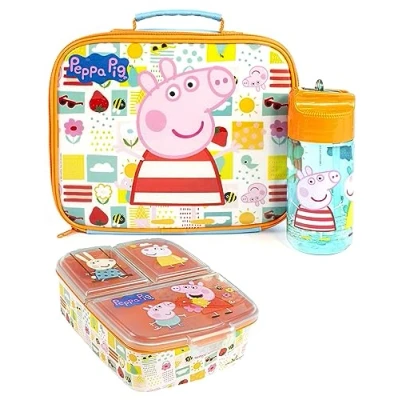 Afbeelding van Peppa Pig Lunchboxset voor kinderen Schooltas eten, waterfles en snackpot avontuur met George Pig, Rebecca Rabbit, Suzy Sheep Neem Peppa&#039;s overal mee naartoe Lunchset