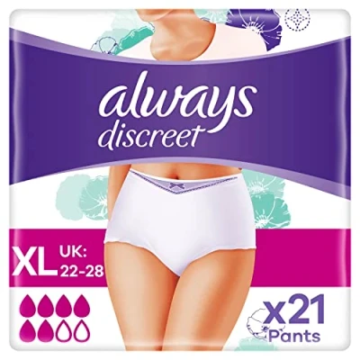 Afbeelding van Always Discrete incontinentiebroek voor dames, XL formaat, hoog absorptievermogen, plus 21 broeken (7 x 3 stuks), geurneutraliserend, volledige bescherming, gevoelige blaas, verpakking kan variëren