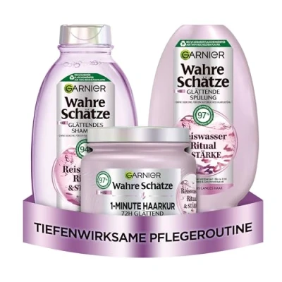 Afbeelding van Garnier Echte schatten gladmakende haarverzorgingsset met rijstwater voor middellang haar, meer glans en soepelheid, shampoo (250 ml), conditioner (200 1 minuut haarkuur (340 3 delig