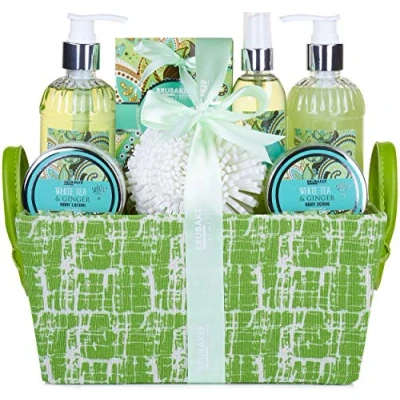 Afbeelding van BRUBAKER Cosmetics Bad en Body Set Witte Thee Gember Geur Cadeautip Vrouw Cadeau Idee 9 delige Cadeauset in Mandje Moederdag cadeautje