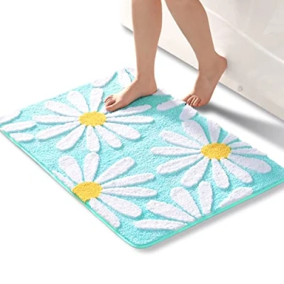 Afbeelding van QJHOMO Groen badkamertapijt, schattige madeliefjes, badmat, antislip, wasbaar, witte en gele bloem, zachte douchemat, absorberend, 60 x 90 cm
