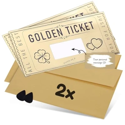 Afbeelding van DasWas 2 x Gouden Ticket, Cadeaubon om zelf te vullen met Krasstickers, Krasloze en Cadeaubonnen maken, Gepersonaliseerd Cadeau in Fonkelende Envelop + Krasgereedschap