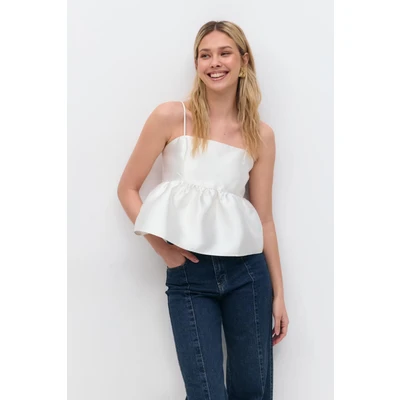 Afbeelding van Gina Tricot Shiny Peplum Top, Dames, Maat: 36, Off white