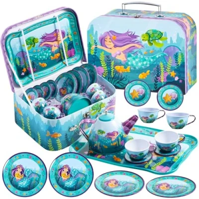 Afbeelding van JOYIN Zeemeermin wiebelkever theeservies tin theepot set voor kinderen thee party keuken speelgoed verjaardagscadeau 3 8 jaar