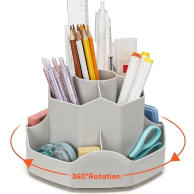 Afbeelding van Euqvunn Roterende Potlood en Pennenhouder voor Bureau, Pennenpot Bureau organizer met 9 Onafhankelijke Compartimenten, 360 Make up Organizer, Ruimtebesparende Potloodhouder Kinderen(Grijs)