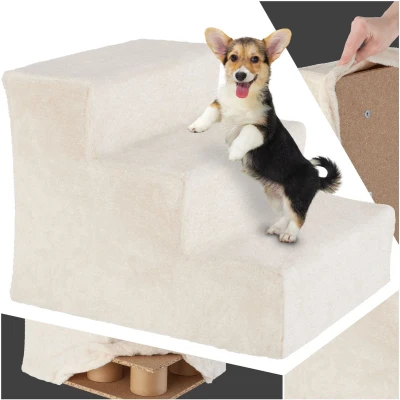 Afbeelding van tectake® Hondentrap of kattentrap Huisdiertrap Instaphulp met wasbare hoes Extra vlakke trap voor bank, bed auto Afmetingen (BxDxH) 37 x 45 34,5 cm Crème