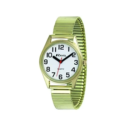 Afbeelding van Ravel dames super gewaagd zicht hulp roestvrij staal expander armband horloge met grote getallen en handen (27mm) goud tint/witte wijzerplaat