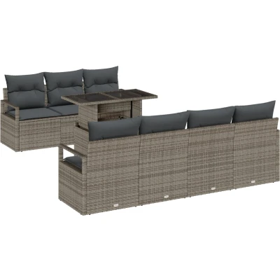 Afbeelding van vidaXL 8 delig tuinbankstel met kussens grijs poly rattan, 2 zits tuinbank opbergruimte en rattan