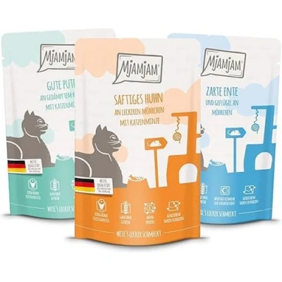 Afbeelding van MjAMjAM premium natvoer voor katten gemengd pakket IV 4*kip, 4*eend &amp; gevogelte, 4*kalkoen 12 x 125g, pak van (12 125g), graanvrij met extra vlees