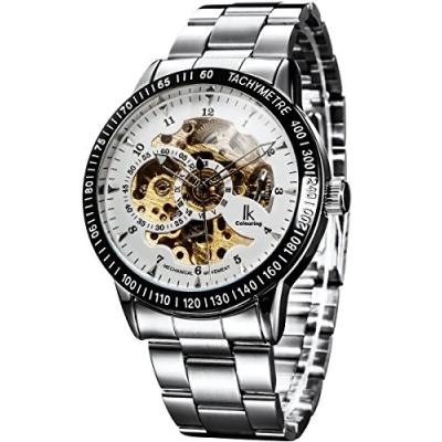 Afbeelding van Alienwork IK Automatisch Horloge Heren Dames Zilver Metalen Armband Wit Skelet Glasbodem