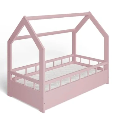 Afbeelding van MS FACTORY Huisbed met Matras 70x140 cm Kinderbed valbeveiliging Dennenhouten bed lattenbodem Barrière Roze