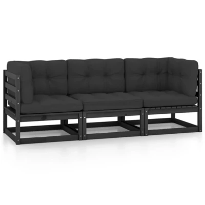 Afbeelding van 3 Delige Loungeset Met Kussens Massief Grenenhout 1 / Ja Zwart