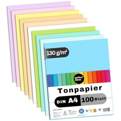 Afbeelding van perfect ideaz 100 vellen gekleurd DIN A4 pastelpapier, tekenpapier, 10 verschillende light kleuren, 130 g/m², gekleurde knutselvellen, voor knutselen, materiaal doorgeverfd, doe het zelf