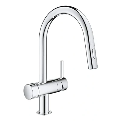 Afbeelding van GROHE Minta 31916000 dubbelstraal armatuur met geïntegreerde afsluitkraan (C uitloop boven, 90 zwenkbereik, 46 mm keramische cartridge, 3/8 inch opzetstukken) grootte 379 mm, chroom,