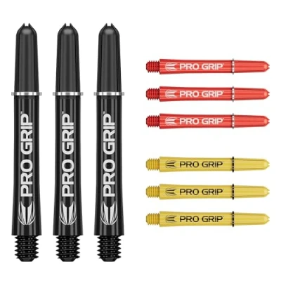 Afbeelding van Target Darts Pro Grip Shafts Set van 9 3 Kleuren, Zwart/Geel/Rood Tussenmaat, 41mm Dart Stems, Professionele Accessoires, 2BA Shaft Multipack met Ringen