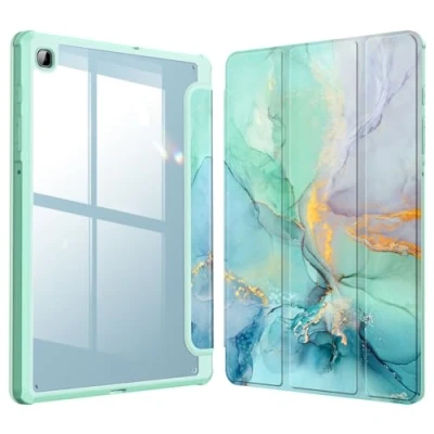 Afbeelding van Fintie Hybride hoes voor Samsung Galaxy Tab S6 Lite 10,4 inch 2024/2022/2020 tablet stootvaste beschermhoes met transparante harde schaal en penhouder, smaragd marmer